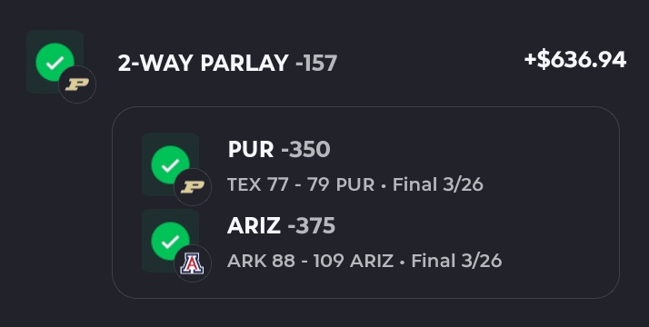 CBB MAX CASHED 💰💰

ARIZONA ✅ PURDUE ✅