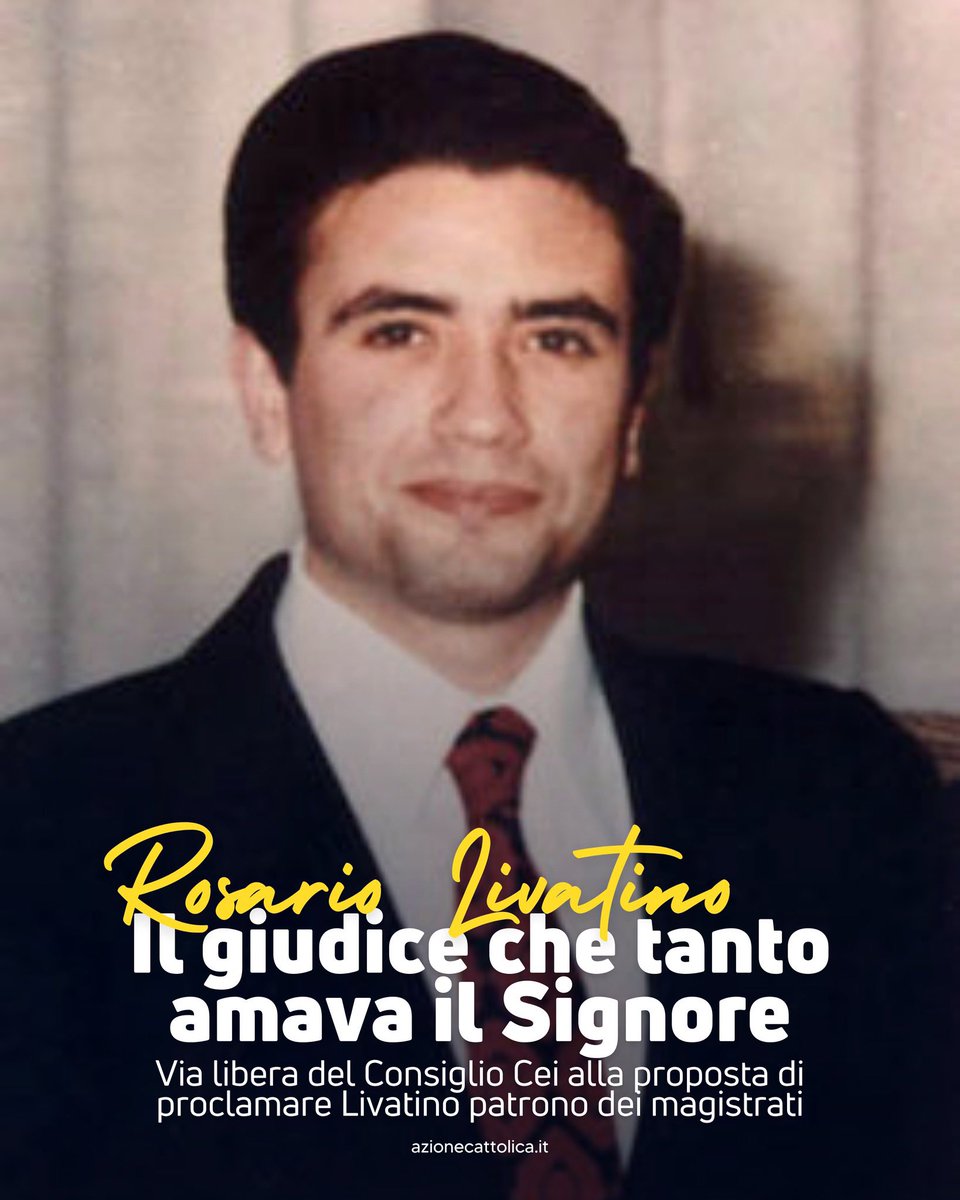 AC1868's tweet photo. Il Consiglio permanente @UCSCEI ha dato il via libera alla proposta di eleggere il beato Livatino patrono dei magistrati.

Esprimiamo gratitudine e riconoscenza per questo passo significativo, che valorizza una testimonianza a noi particolarmente cara: https://t.co/yNHwxA2eKX https://t.co/YlaZ8Jy399