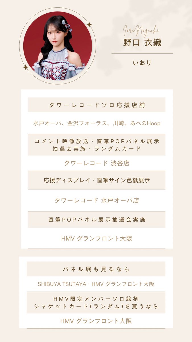 野口衣織 応援店舗 あべのHoop→全完売 入荷未定 金沢→タイプA以外