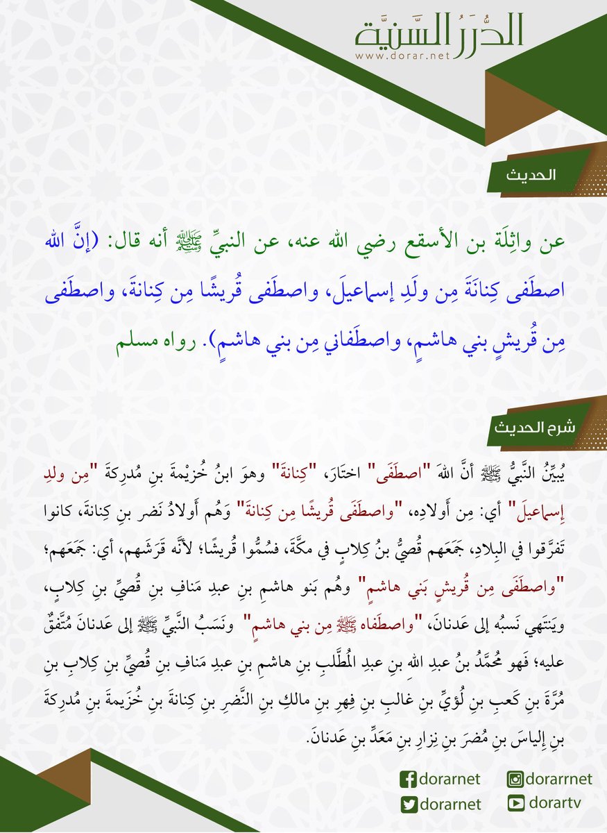 شرح حديث الإصطفاء من موقع الدرر السنِّية

" نَسبُ النَّبيِّ صلَّى اللهُ عليه وسلَّمَ مِن أشرَفِ أنسابِ بَني آدمَ، وقدْ حَفِظ اللهُ سُبحانه هذا النَّسبَ الشَّريفَ جِيلًا بعْدَ جِيلٍ، حتَّى جاء منه النَّبيُّ صلَّى اللهُ عليه وسلَّمَ هِدايةً للعالَمِين، وقدْ بيَّنَ النَّبيُّ صلَّى