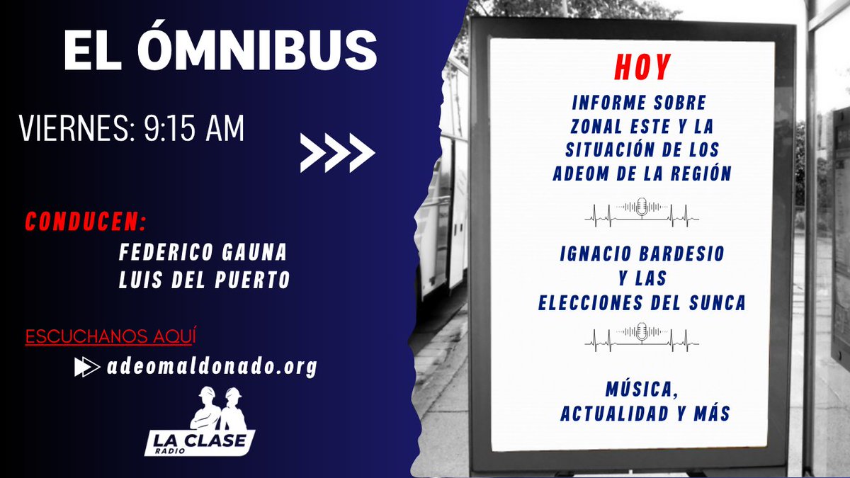 Laclaseradio's tweet photo. 📷 Hoy en #ElÓmnibus no te pierdas toda la información departamental, nacional e internacional.
📷 Noticias, entrevistas, música y mucho más en este viaje por la información.
📷 Escuchanos en 📷 https://t.co/WrlB5EU1mS
¡Te esperamos! https://t.co/OiQiJfqqKz