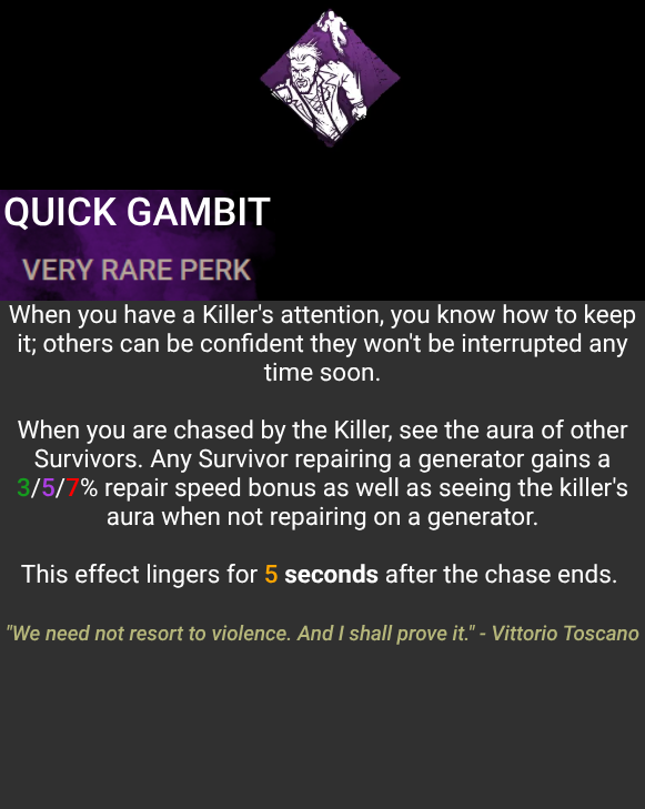 DbdDude's tweet photo. I love the ideas for Vittorio's perks and the concept behind them; however, potential energy and quick gambit are a bit weak. 

So this is my concept to buff them slightly. https://t.co/73jMNdWzih