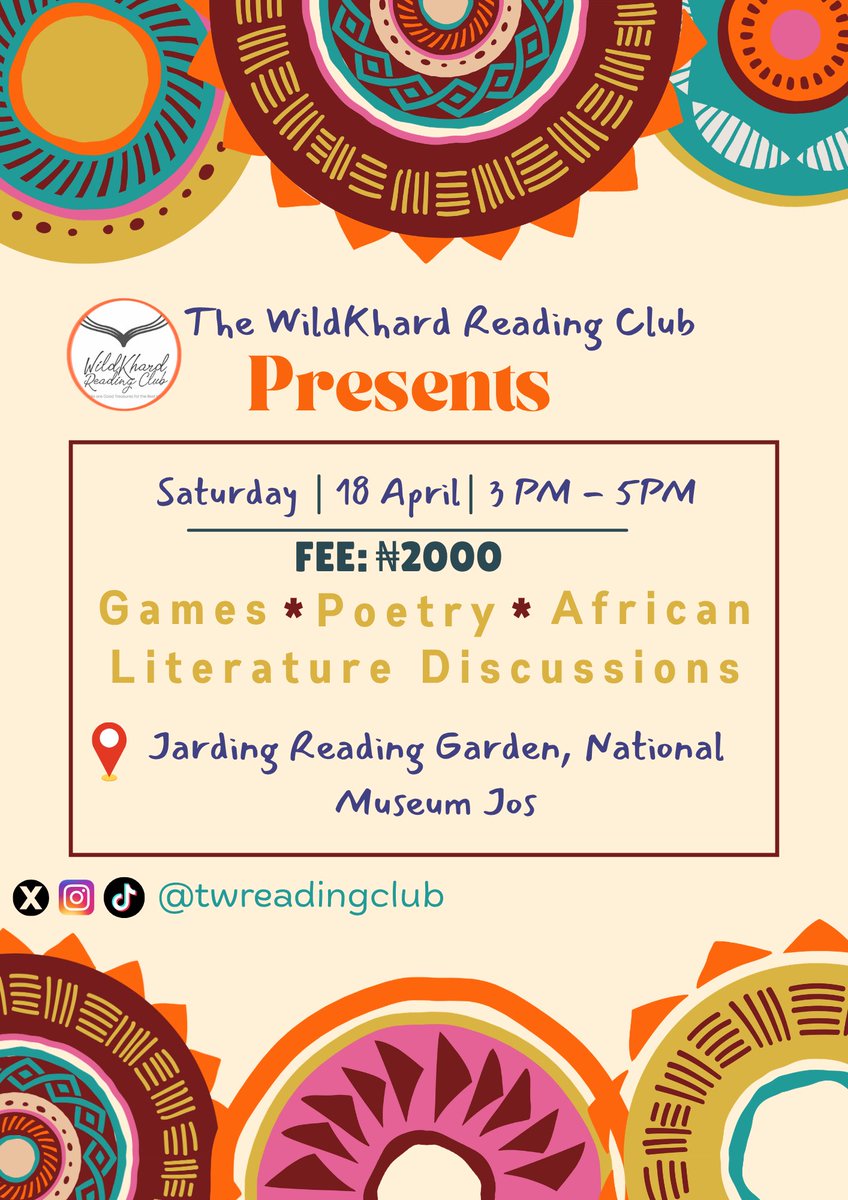 twreadingclub's tweet photo. Jos is a city after our hearts. With previous bookclub events in Abuja, Lagos and Kaduna, we are bringing an event to one of the homes of literature in the country. 

📆 Sat, 18th April
⏰ 3-5 pm
📍 Jarding Reading Garden
💰 2,000 naira 

See you there, innit? 🥹 https://t.co/vOmRkErRPx