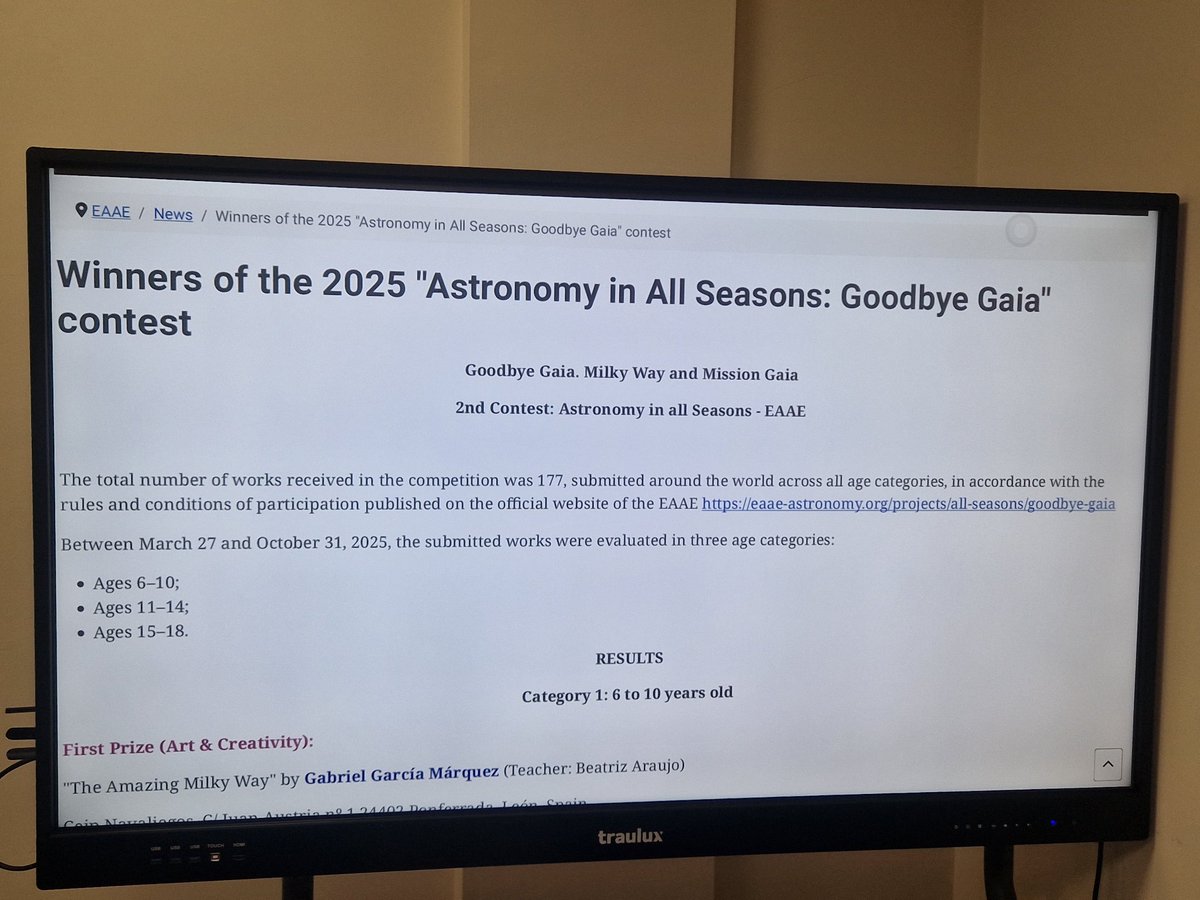 SanjeMARES's tweet photo. 🎉🏆 ¡Enhorabuena a nuestras alumnas!🥇 Primer Premio (Digital &amp; Multimedia) en “Astronomy in All Seasons: Goodbye Gaia 2025” por su proyecto “El viaje de Gaia”. 🌌🚀
👏 Felicidades a Noa, Marta, Julia, Marta, Paula, Celia y Lola, y a su profesora @campoy_encarnai https://t.co/li9XJ8v80R