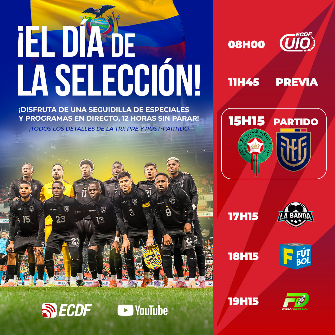 🇪🇨🔥 ¡EL DÍA DE LA SELECCIÓN SE VIVE POR ECDF!

Mira la previa, el partido ante Marruecos 🇲🇦 y el post junto a La Tri ☑️ #LaTrixECDF 

📺 Todos los detalles en ECDF.COM