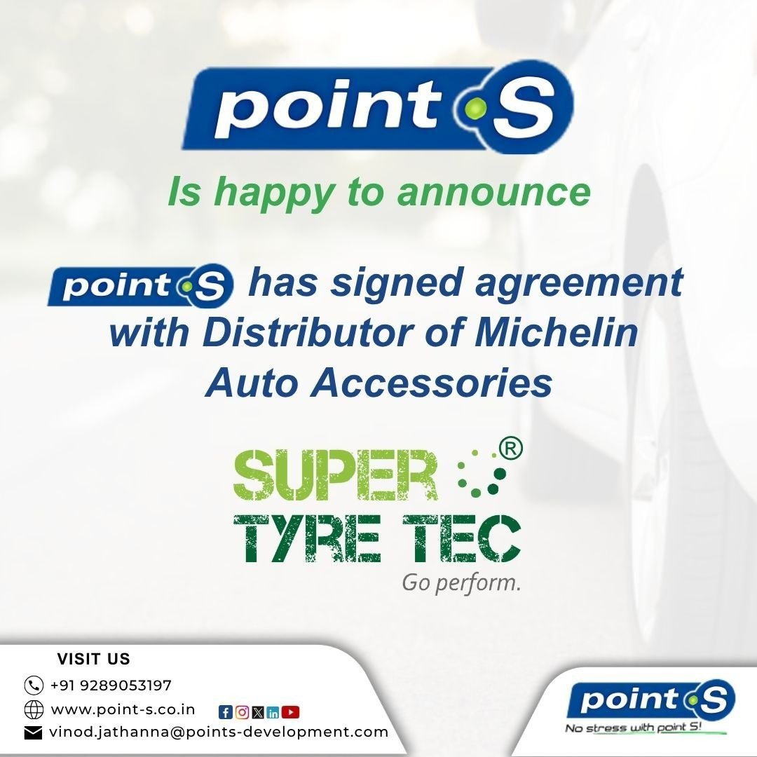 Pointsbharat's tweet photo. We’re excited to share that Point S has signed an agreement with the distributor of Michelin Auto Accessories – Super Tyre Tec
.
.
#PointS #Michelin #SuperTyreTec #AutoAccessories #Partnership #AutomotiveIndustry #PremiumTyres #CarTyres #PointSIndia https://t.co/RQozfwXfAl