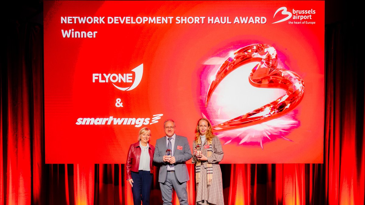 SmartwingsGroup's tweet photo. At this year’s @BrusselsAirport Aviation Awards, we received an award in the short-haul carrier category for our contribution to the development of operations at Brussels Airport. This award confirms our strategy of expanding our network and improving destination accessibility. https://t.co/yFl58g7zu4