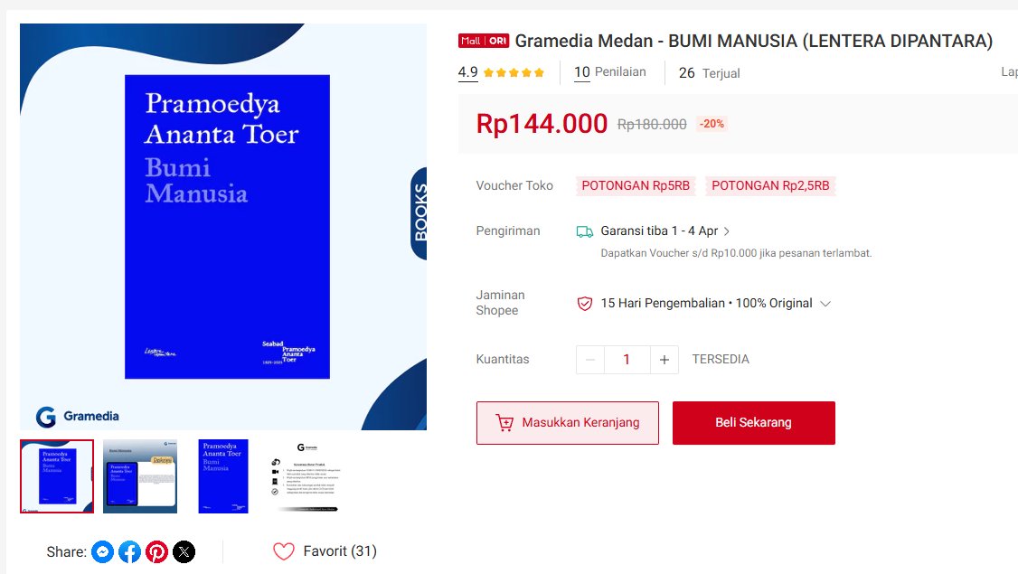 Hendra_way's tweet photo. @basebuku Ya jangan dong, stoknya lagi banyak itu jadi tunggu promo ajah apalagi dikit lagi 4.4.
Ini di gramed medan ajah segini harganya, dan belom kena kupon yak. https://t.co/EYEHlgKKz7