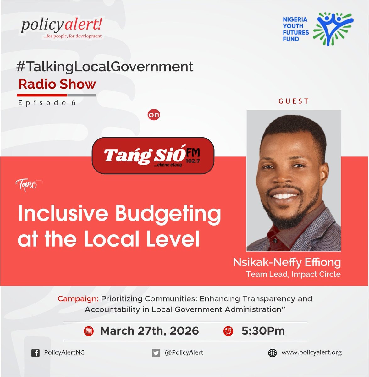 AmbNeffy's tweet image. Today is the D-Day!
Let's make it a date by 5:30pm.

Don't miss this conversation!

#NeffySpeaks #TalkingLocalGovernment #NYFF #PolicyAlert #ImpactCircle #TangSioFM #GrassrootGovernance #LocalGovernmentBudgets #RadioTalkShow #CivicEducation #TheNigeriaWeWant