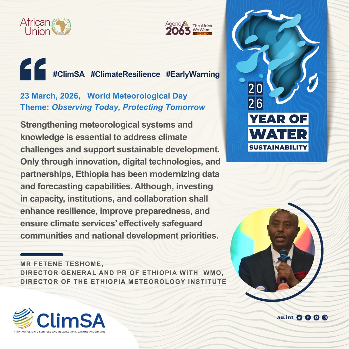 AU_DARBE's tweet photo. #ThisWeek: Messages from Institutional leaders at the Ethiopia Meteorology Institute commemorating #WorldMetDay was clear that, strengthening observation systems is critical to advancing #ClimateResilience & sustainable development in Africa.
#ClimSA #WorldMeteorologicalDay https://t.co/rQ4JyFUIOu