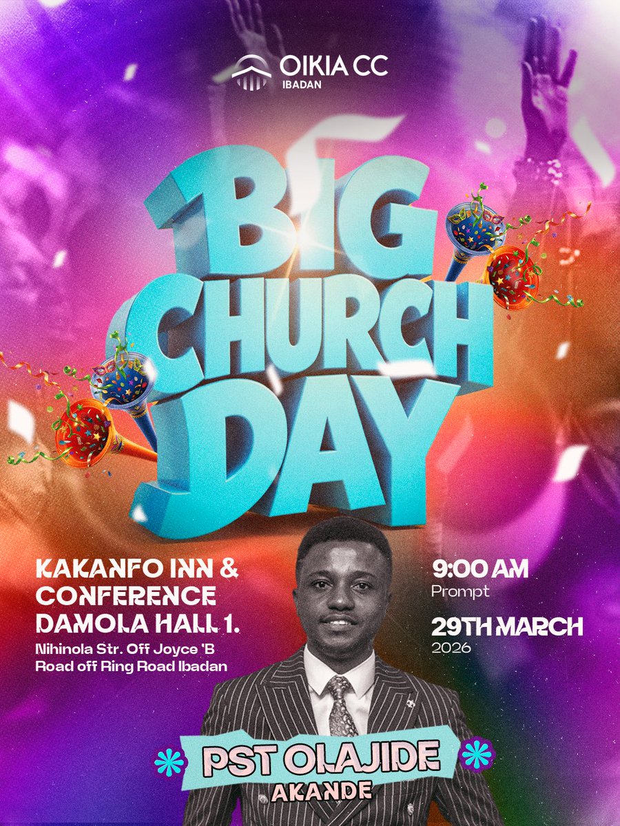 BIG CHURCH DAY IS HERE AGAIN!!! 🥳🔥

This Sunday, we’re coming together for a powerful time of worship and fellowship. 
It’s going to be full of life, joy, and celebrations.

Don’t miss it, we’ll be expecting you! 🙌

#myoikia #oikiaccibadan