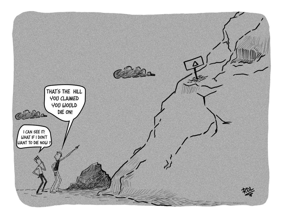 riddle_dela's tweet photo. After sober reflection, nobody wants to “die on that hill”.

Cartoonist | art | editorial | Riddlemations https://t.co/v9xhZwZQte