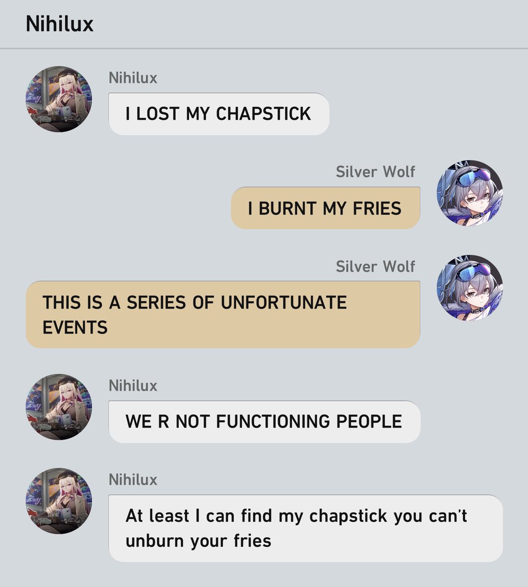 SniperQuack's tweet photo. Those poor fries #silverlux #nihiwolf https://t.co/EqGuxiqnnZ