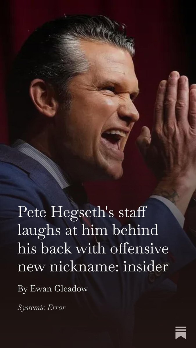 PaulStSmith's tweet photo. Pete Hegseth's staff laughs at him behind his back with offensive new nickname: insider
https://t.co/moMK4nTFJF https://t.co/V9eZSLDOrP