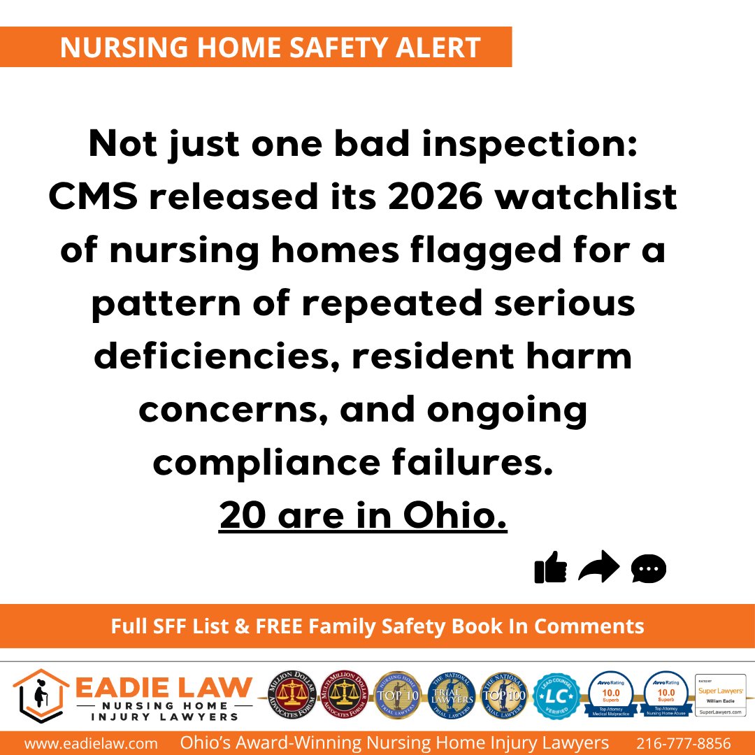 williameadie's tweet photo. The Centers for Medicare & Medicaid Services (CMS) publishes an annual watchlist of nursing homes with serious care and quality problems. In Ohio alone, there are 20+ facilities found in default.
#NursingHomeSafety #Ohio #SFFlist https://t.co/dCBY0DV25O