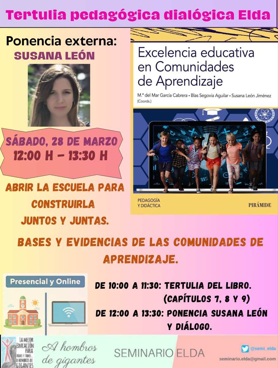 🗣️ ¡Ponencia abierta, gratis y online!

🗓️ ¡MAÑANA, SABADO!
🕛 De 12:00 a 13:30
¿Aún no te has apuntado?

📈 Bases y evidencias del éxito educativo de todos y todas.

Visita el enlace, infórmate y apúntate 👇
seminarioelda.wixsite.com/info/post/pone…