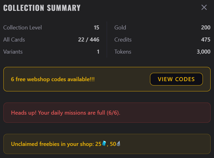 SnapComplete now checks your collection against all active Webshop codes when you sync. Missing any? They show up in your results. Tap a code and it opens the Webshop with it already filled in. No more googling for codes or wondering which ones you missed snapcomplete.com