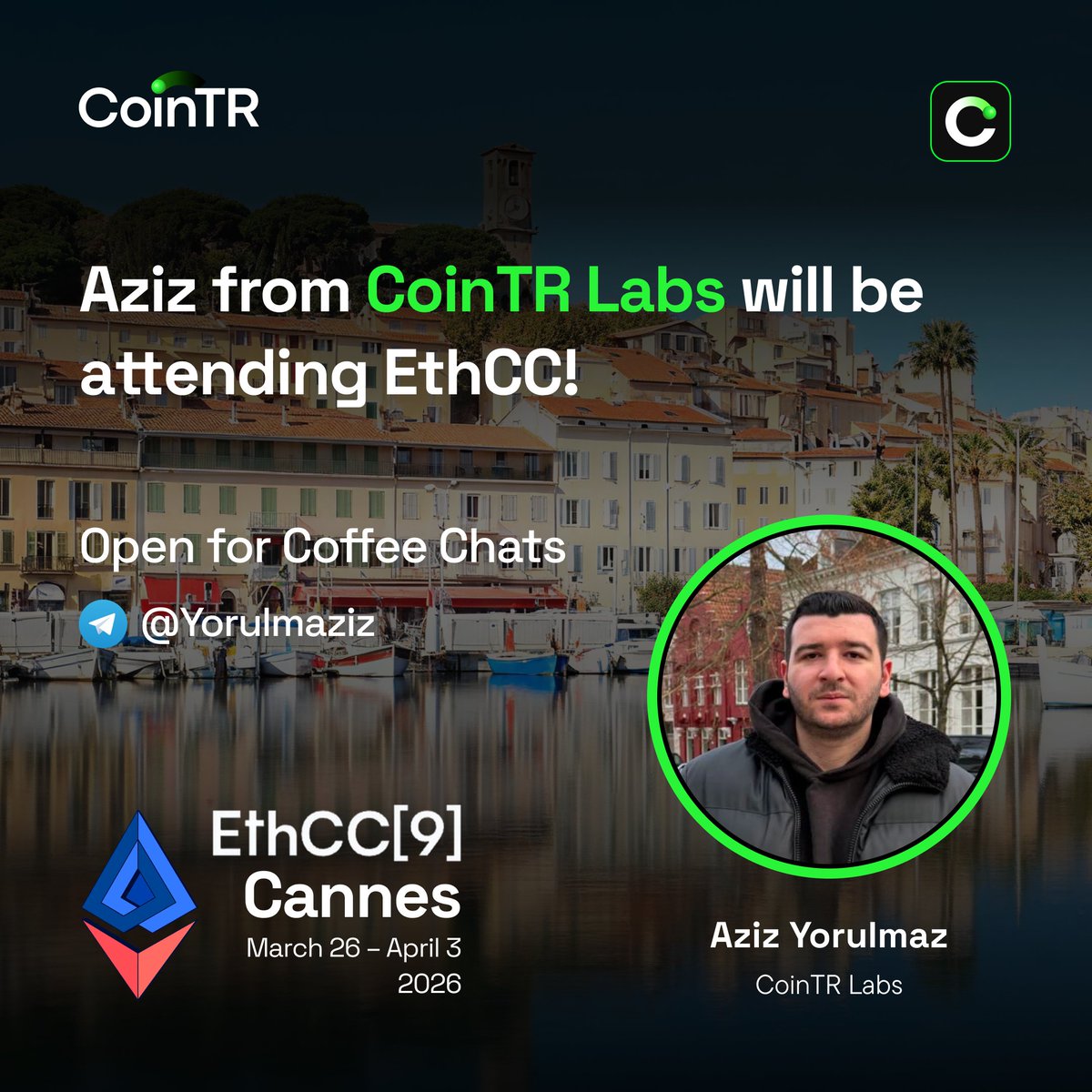 CoinTRTurkiye's tweet photo. EN
Aziz Yorulmaz from CoinTR Labs will be at EthCC Cannes, March 26 – April 3.
CoinTR Labs provides financial infrastructure between the TradeFi and Web3 ecosystems. During EthCC, we aim to hold strategic meetings with institutions exploring digital asset integration, stablecoin projects, early-stage Web3 ventures, and Web2 companies planning their transition to Web3.
If you’re operating at the intersection of finance, stablecoins, and Web3 infrastructure, let’s connect.
📩 You can reach Aziz Yorulmaz during the event via the Telegram address in the visual.
TR
CoinTR Labs’ten Aziz Yorulmaz, 26 Mart – 3 Nisan tarihleri arasında EthCC Cannes’da.
TradeFi ve Web3 ekosistemi arasında finansal altyapı sağlayan CoinTR Labs, EthCC süresince dijital varlık entegrasyonu, stablecoin projeleri, erken aşama Web3 girişimleri ve Web3 geçişini planlayan Web2 şirketleriyle stratejik görüşmeler gerçekleştirmeyi hedeflemektedir.
Finans, stablecoin ve Web3 altyapısının kesişimindeyseniz görüşelim.
📩 Aziz Yorulmaz’a etkinlik süresince görseldeki Telegram adresi üzerinden ulaşabilirsiniz.
#CoinTR #EthCC #Web3