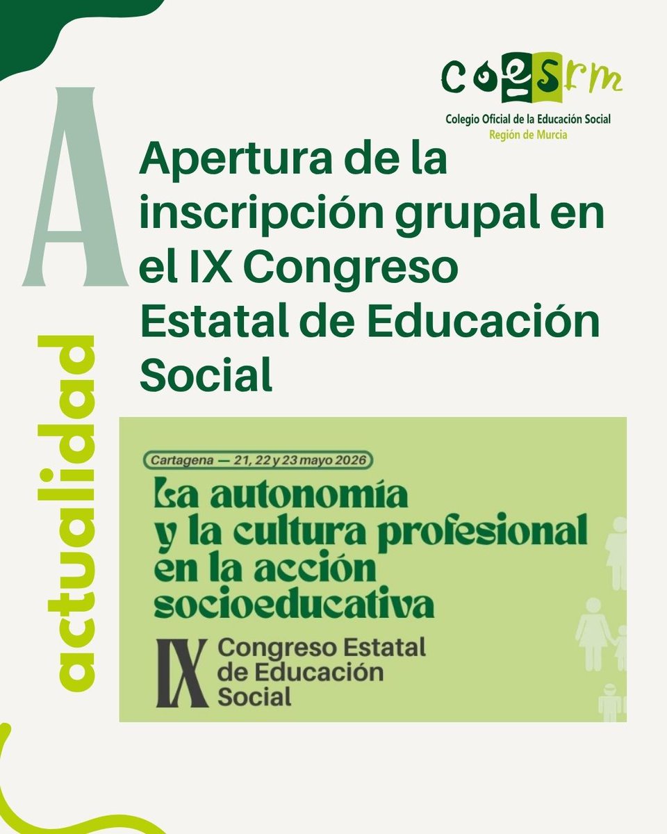 📢 ¡Abrimos el proceso de inscripción grupal para el IX Congreso Estatal de Educación Social, Cartagena 2026!
🔗 Toda la información:cpesrm.org/actividad-cpes… 
#educaciónsocial #coesrm #CngresoEstatal #cartagena2026 #trabajosocial