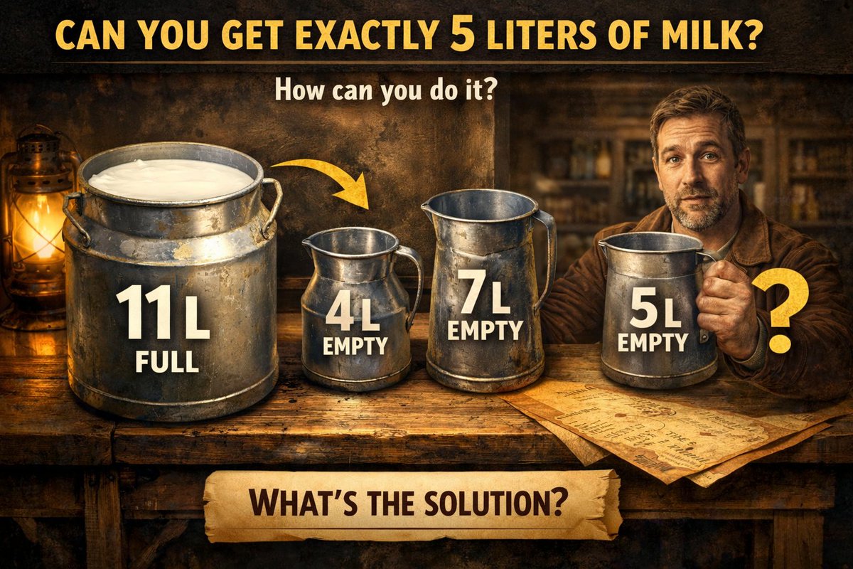 Ashish12704's tweet photo. 90% people fail this simple milk puzzle 🤯
You have: 11L full + 4L empty + 7L empty... you can only use empty vessels to quantify ..
Customer wants exactly 5L.
🧠 What's your move?
#MustTry #OnlyGeniuses #CanYouSolveThis #TestYourBrain #90PercentFail #TryThis #GuessTheAnswer https://t.co/jxwzmcW7Gq