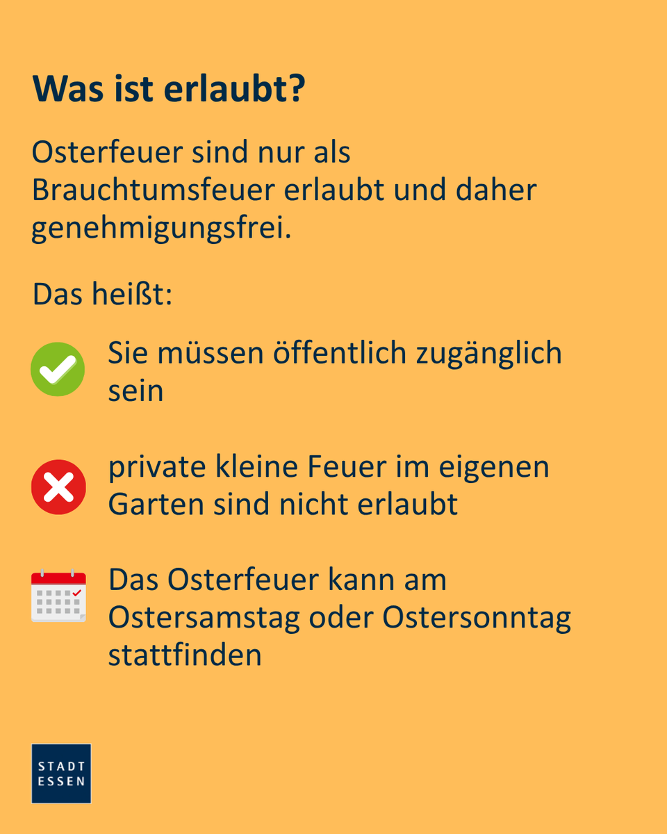 Essen_Ruhr's tweet image. Bald ist Ostern und damit wieder Zeit für Osterfeuer! 🔥🐣
Auf ein paar Dinge solltet ihr unbedingt achten. Bei
weiteren Fragen hilft euch das Ordnungsamt weiter.
ℹ️ t1p.de/osterfeuer2026
#stadtessen #essenruhr #osterfeuer