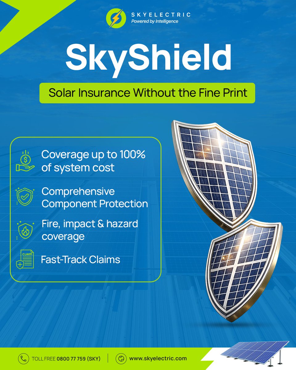 SkyElectricX's tweet image. Protect your solar investment ⚡

SkyShield offers fast claims and complete coverage against fire, impact &amp;amp; more.

Free consultation: 0800 77759

#SkyShield #SolarInsurance #SkyElectric