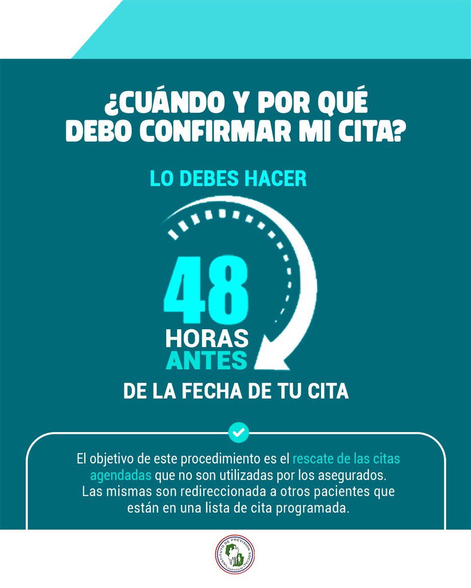IPSParaguay's tweet photo. ⏰ ¿Tenés una cita en IPS?
¡No olvides confirmarla!

✅ Confirmá tu cita 48 horas antes
De esta manera ayudás a que los turnos que no se utilizan puedan ser reasignados a otros pacientes que lo necesitan. https://t.co/ZRtdtK3nCG