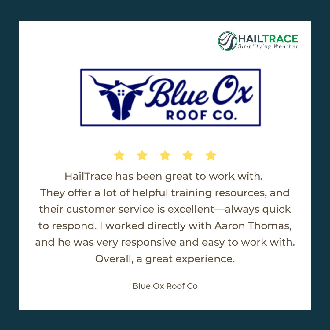 HailTrace's tweet image. 5 stars from Blue Ox Roof Co. ⭐

Shoutout to Aaron Thomas — this is what showing up for customers looks like.

Thank you for trusting HailTrace. We'll keep earning it. 🙌 #HailTrace #Roofing