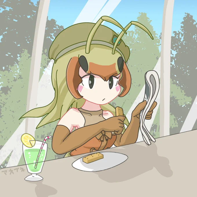 おやつ食べるツムギ軍曹。 周囲「黙っていればお淑やかそうに見え.....ないな。新聞の持ち方とか.....」