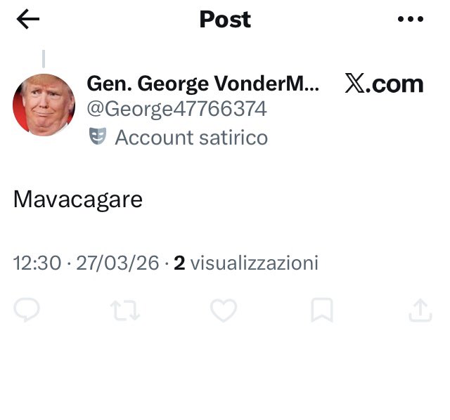 Sempre così gli elettori e sostenitori della destra
Anche <a href="/George47766374/">Gen. George Mohamad Hussein ⚔️🧱✝️☦️🧱</a> 
All’inizio dialogano
Poi non hanno nulla da dire
Quindi insultano
Infine scappano bloccandoti
D’altra parte scappare è nel loro DNA
L’avranno ereditato dal loro idolo, quello pelato