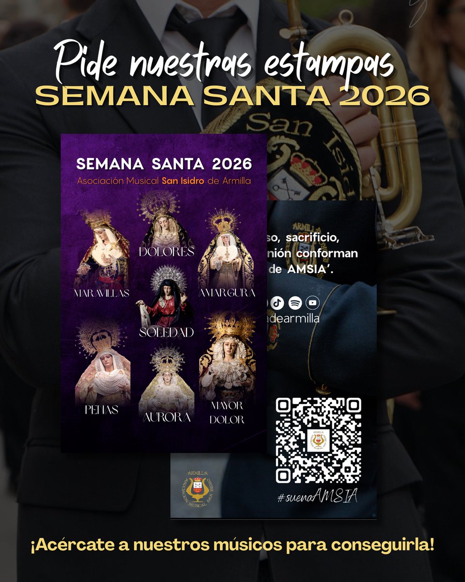 🎷 ¡Esta #SemanaSanta2026 pídenos tu 𝐞𝐬𝐭𝐚𝐦𝐩𝐚! 

Desde hoy hasta el próximo Viernes Santo los miembros de nuestra formación irán repartiendo estas estampas. Un diseño donde se reúnen las siete dolorosas a las que acompañamos en nuestra Semana Santa. 

Las fotografías