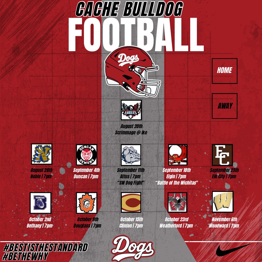 Cache Bulldog Football — 2026 Varsity Schedule

Notice: Bye week is between Weatherford and Woodward (week 9).

#BESTistheSTANDARD | #BETHEWHY