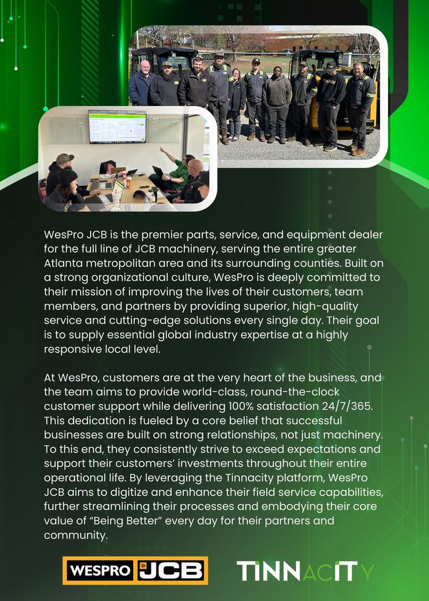 A big Tinnacity welcome to our newest partner, WesPro JCB! 🚜🍑 WesPro is dedicated to unrivaled parts &amp; service in metro Atlanta. We're providing the digital platform to help their factory-trained techs deliver faster, more accurate service. Let’s build something great! 💚