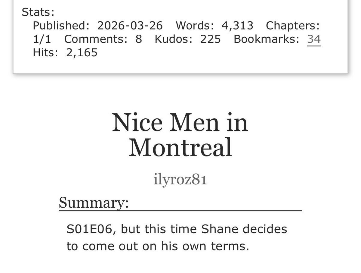 toocoldforangel's tweet photo. In less than 24 hours my fic Nice Men in Montreal surpassed 2000 hits 🥹
Still can’t believe it. Writing this fic was such a joy and I couldn’t be more happy to share it with all of you
#hollanov #fanfiction #thecottage #heatedrivalry #hudcon #ao3 https://t.co/tgI5xvQFHZ