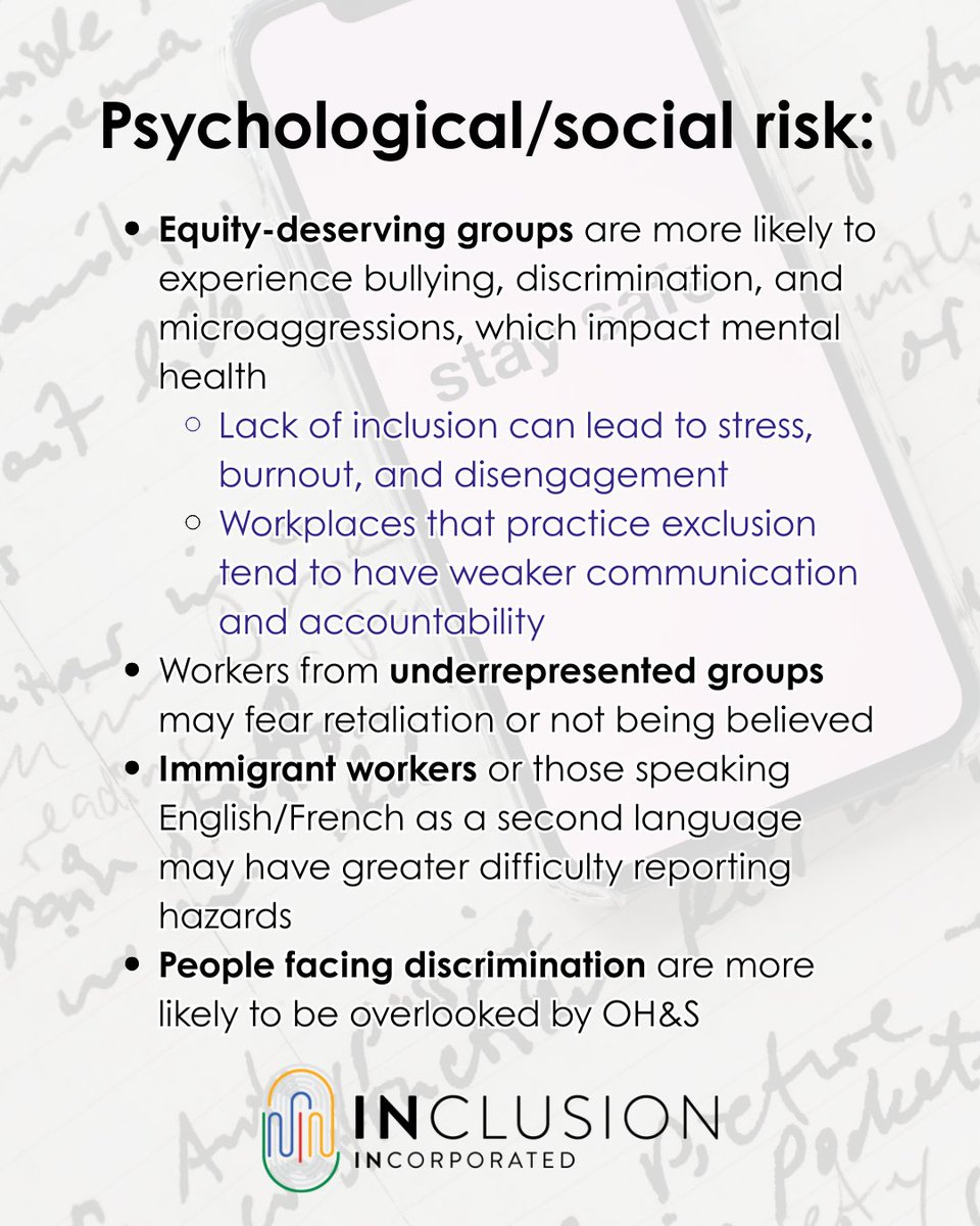 INclusion_INc's tweet image. Workplace Safety and Health extends farther than one might think.

OH&amp;amp;S covers basic standard procedures for safety and conduct, but the social environment of a workplace has a large impact on how those procedures are utilized, if at all.

#SafetyAndHealth #DiversityAndInclusion