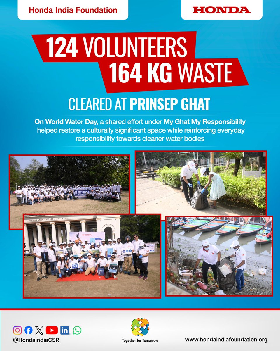 Kolkata, March 22, 2026:

On the occasion of World Water Day, Honda India Foundation organized a Ghat Cleanup Drive at Prinsep Ghat, Kolkata, under its CSR initiative “My Ghat, My Responsibility.” The activity witnessed enthusiastic participation from 124 members of the Honda