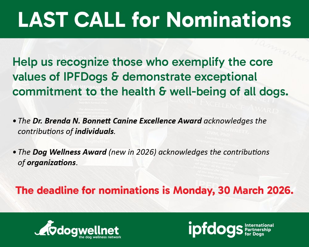 IPFDogs's tweet image. Just a couple of days left to help us highlight exceptional contributions to dog health and well-being. This year's awards will be presented at the 6th IDHW in Bologna or another appropriate event. tinyurl.com/mruhh4sw #doghealth #dogbreeding #veterinary
