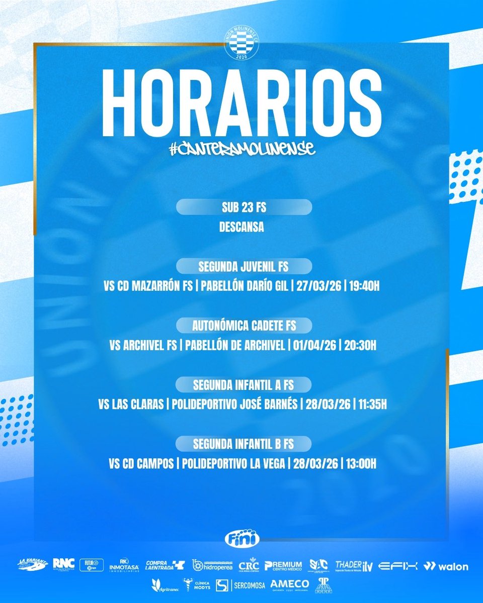 MolinenseFutsal's tweet photo. 🗓️ Horarios de la #CanteraMolinense para un nuevo fin de semana sobre la pista. https://t.co/MyKM5lRfd8