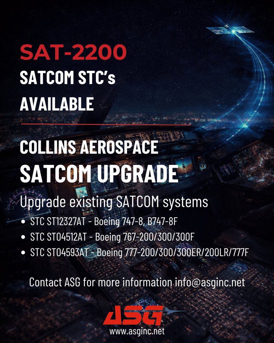 ASGavionics's tweet photo. New STC Approval 🚨

ASG can now install the Collins SAT-2200 SATCOM system on aircraft with existing provisions, enabling seamless upgrades from legacy systems.

Reliable, compact, and future-ready connectivity. ✈️

#ASG #SATCOM #AviationTechnology https://t.co/oGZntwxLRM