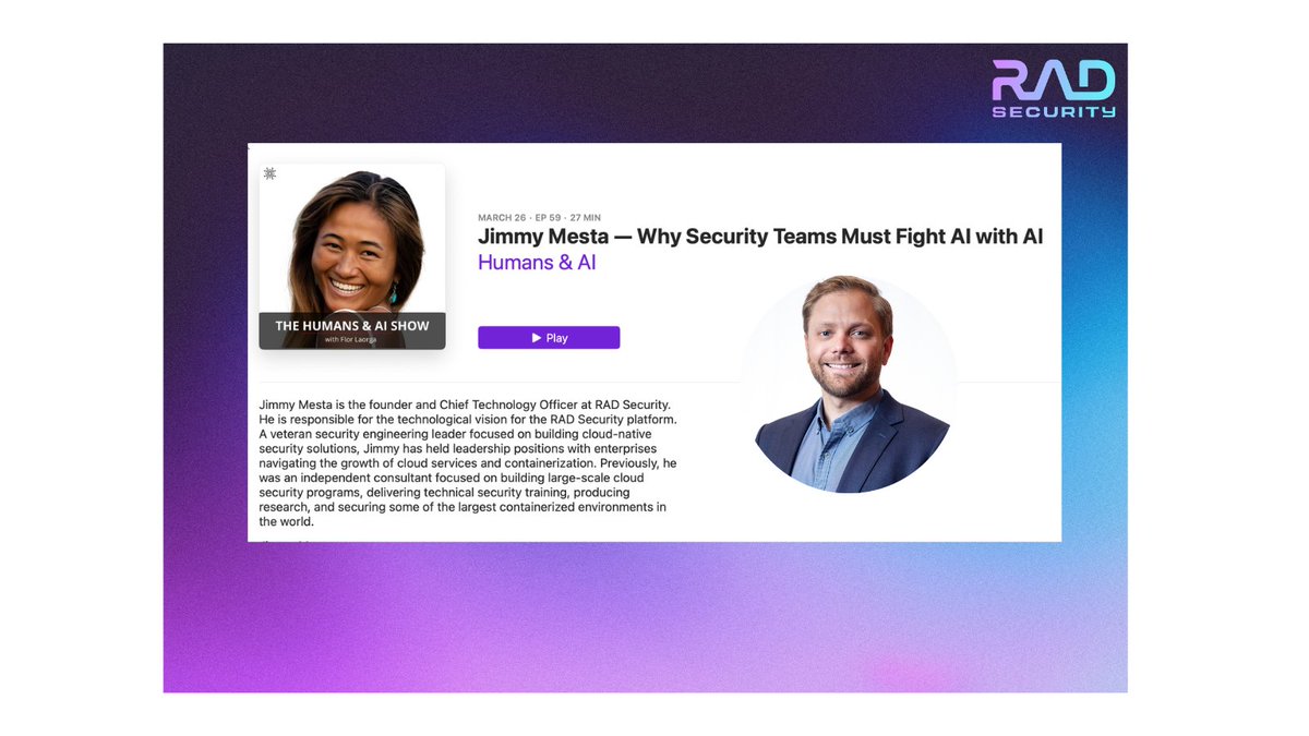 RADSecurity_'s tweet photo. Weekend listening 🎧
@jimmesta 🤙 was featured on the Humans &amp; AI Podcast with @florlaorga!

Tune in to hear why security teams must fight AI with AI.

https://t.co/jgLuCnK9ty https://t.co/CxkSV7P0aj