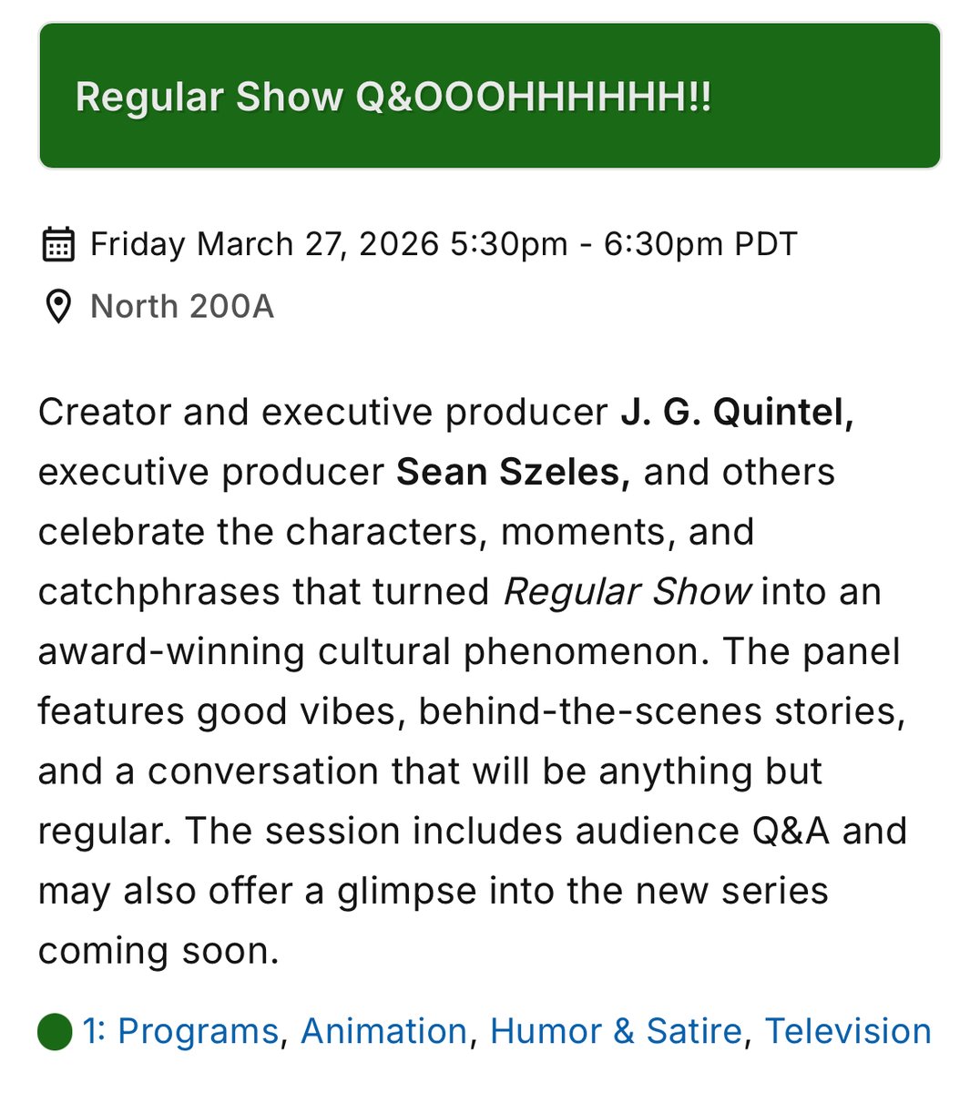 SeanSzeles's tweet photo. Regular Show panel at Wondercon today, see you there! https://t.co/OyDlbih8dr