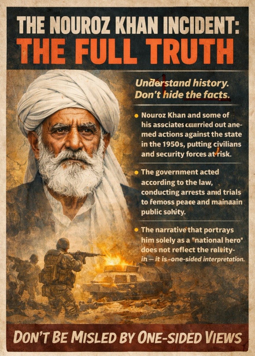 Balochistan0336's tweet photo. THE NOUROZ KHAN INCIDENT: THE FULL TRUTH Understand history. Don't hide the facts. Nouroz Khan and some of his asociates cuarried out ane-med actions against the state in the 1950s.
#BalochistanHistory
#PeaceAndSecurity
#LearnFromHistory
#NationalUnity https://t.co/ihzzI3AQUV