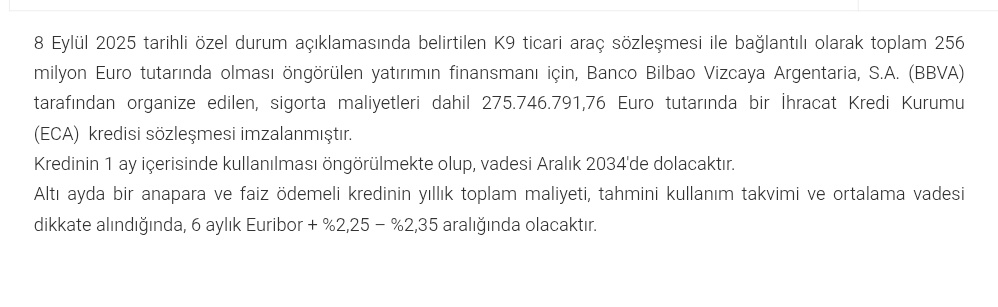 PiyasaTurkiye's tweet image. #TOASO TOFAŞ, K9 ticari araç yatırımı için BBVA'dan 275.746.791 Euro tutarında kredi temin etti.