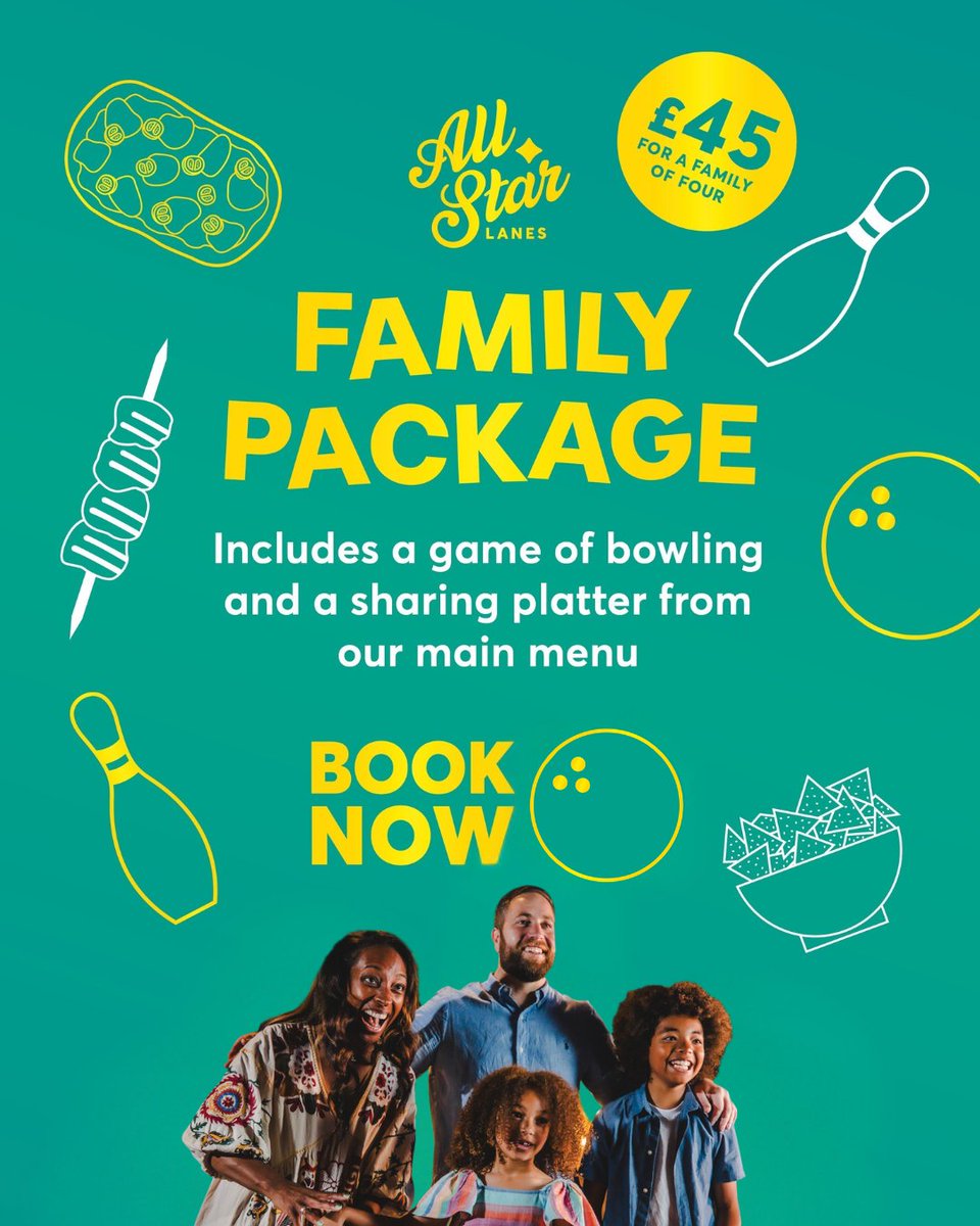 allstarlanes's tweet image. Easter fun starts here 🐣🎳

Grab the fam and roll into our £45 Family Package! A game of bowling &amp;amp; a tasty sharing platter, perfect for four.

Available every day before 1pm all Easter long ✨ allstarlanes.co.uk/family-fun  

#EasterHolidays #AllStarLanes #Activity #FamilyOffer