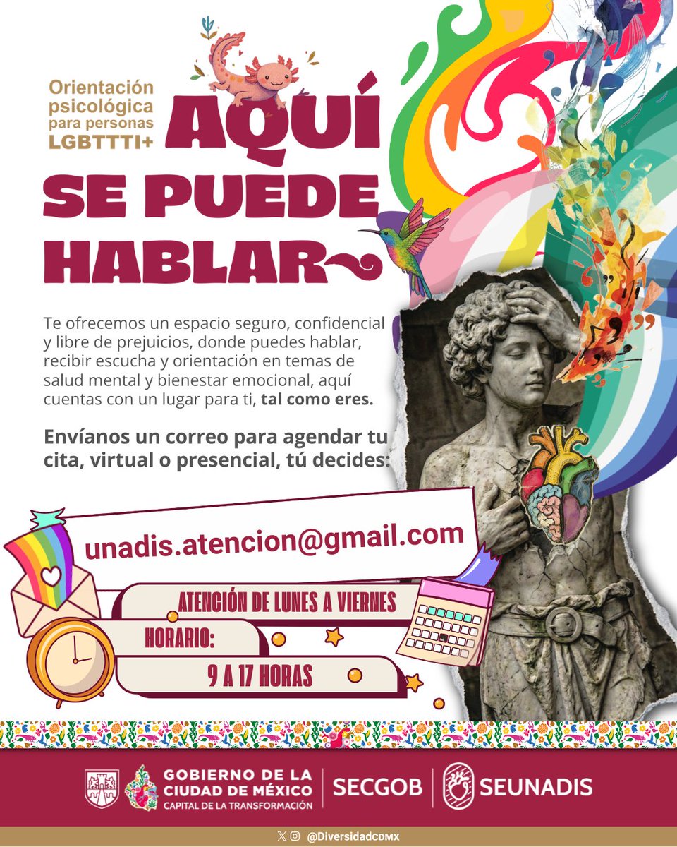 Terapia? SÍ, y GRATIS. Hablemos claro: tu salud mental no puede seguir esperando a que "tengas tiempo" o "te sientas listo". 
En la SEUNADIS tenemos orientación psicológica para personas LGBTTTI+:
🗓️ Lunes a viernes, 9 a 17 hrs
🏳️‍🌈 Espacio seguro LGBTTTI+
#SaludMentalLGBT