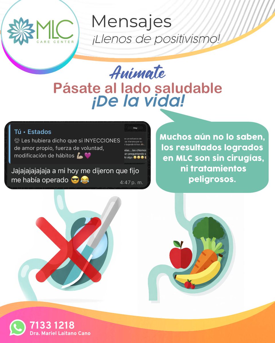 En MLC no solo vemos cambios… ¡Leemos historias bellísimas! 😊

Nos llegan mensajes de pacientes felices, creativos y hasta graciosos sobre su proceso de pérdida de peso…  Nos ha sacado más que una sonrisa y una lágrima. 😂🥺

Seguimos celebrando cada avance a tu lado. 💛