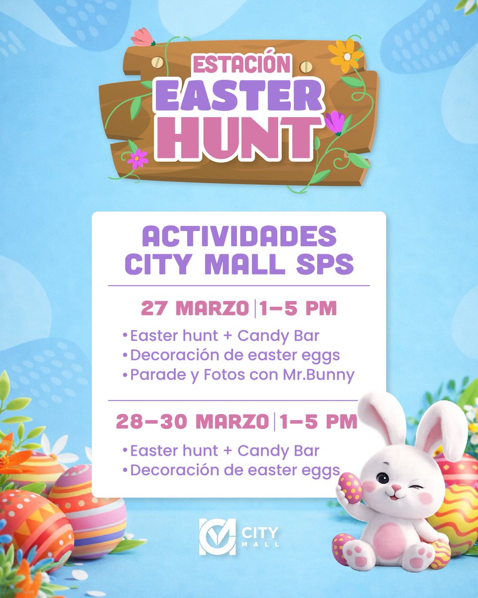La temporada más colorida del año se vive en #CityMallSPS 🐰🌸
Del 27 al 30 de marzo, Easter Hunt llega con actividades para disfrutar, decorar, tomarse fotos y crear recuerdos especiales en familia. ✨