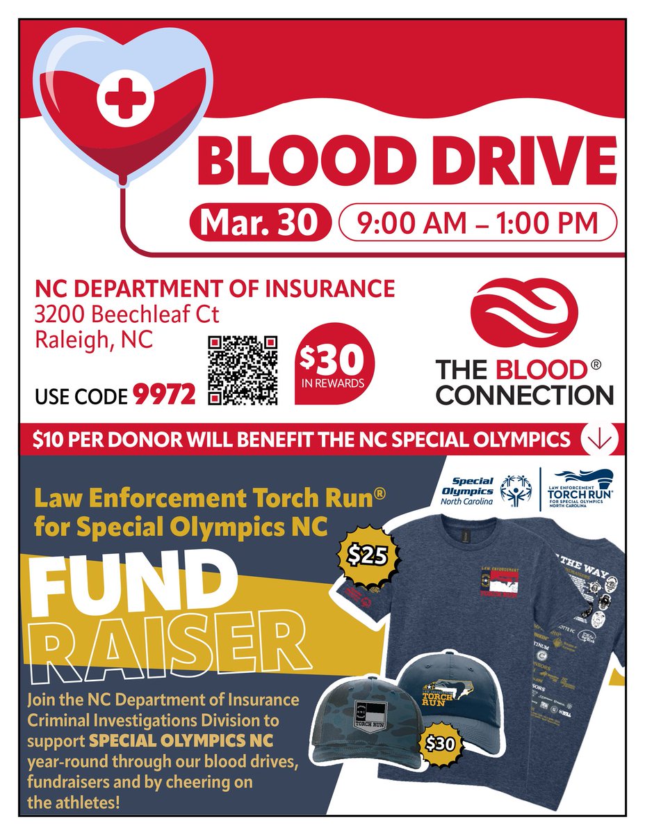 NCDOIFraud's tweet photo. MONDAY:
Our annual Blood Drive &amp; Fundraising Kickoff for Special Olympics NC is this Monday, March 30 at our NCDOI headquarters in Raleigh! Details below. Hope to see you Monday as we come together to support these amazing athletes! https://t.co/2PD9rH6ybz