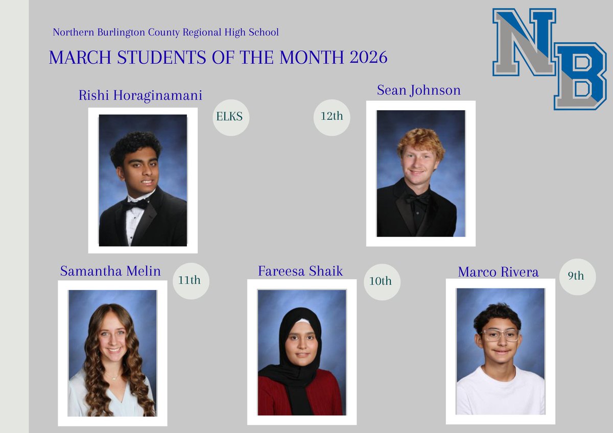 nbcrsd's tweet photo. The Northern Burlington County Regional High School is proud to recognize these outstanding individuals as our March students of the month.
9th Grade: Marco Rivera
10th Grade: Fareesa Shaik
11th Grade: Samantha Melin
12th Grade: Sean Johnson
ELKS Recipient: Rishi Horaginamani https://t.co/oOVBb9JOZp