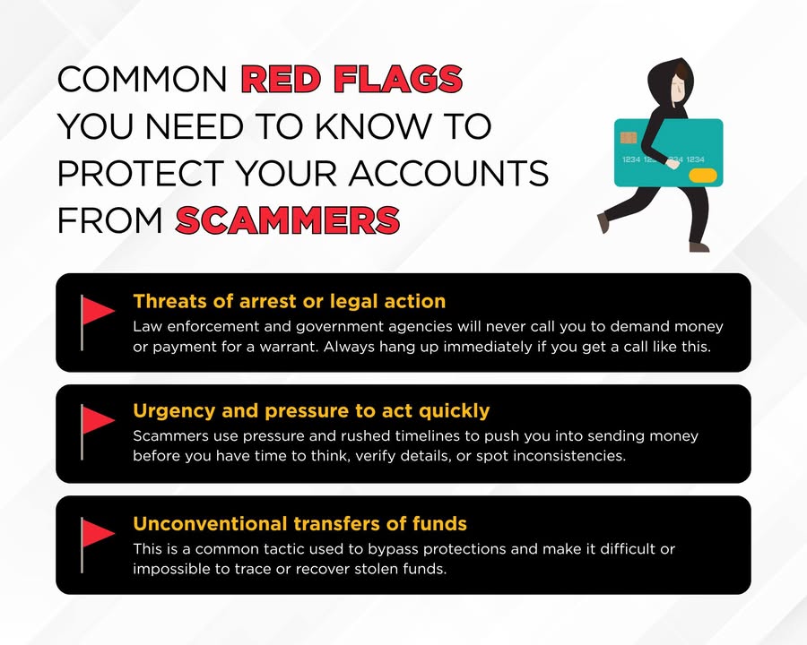 PurdueFed's tweet photo. Scammers continue to find new ways to target and trick people. At Purdue Federal, your security is our priority. We want to keep you informed so you can spot the signs and protect yourself. Here are some common red flags to look out for. 🚩 

𝗥𝗲𝗺𝗲𝗺𝗯𝗲𝗿
✔️ Always verify requests independently using trusted contact information
✔️ Never share personal, financial, or login information with unknown callers
✔️ Treat caller ID with caution as phone numbers can be spoofed
✔️ When in doubt, hang up and give us a call to report it to our fraud team

Stay informed and cautious to keep your accounts secure. If something seems suspicious, trust your instincts and verify before taking any action. If you suspect you’ve been a victim of fraud, give us a call at 800.627.3328 or email fraud@purduefed.com to report it to our fraud team.

🔗 Check out our press release on recent fraud scams: https://t.co/g8iA6prGki
💡 For additional fraud resources, visit: https://t.co/Bvh4Bxytry